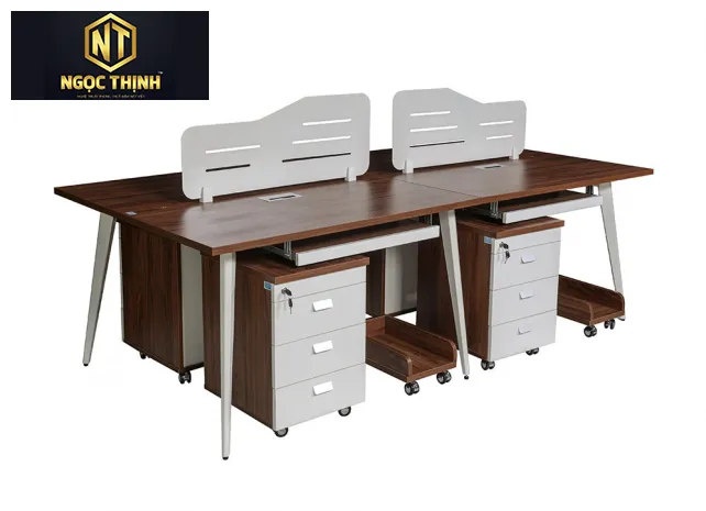 Mẫu bàn làm việc cụm 4 chỗ ngồi, sử dụng khung thép sơn tĩnh điện kết hợp mặt Melamine cao cấp